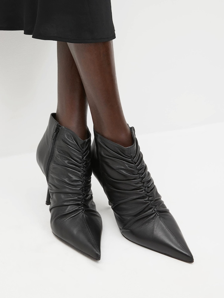 Black Signature Leather Point Toe Ruched Ankle Boots - Image 2 of 7 Black Signature Leather Point Toe Ruched Ankle Boots - Image 2 of 7