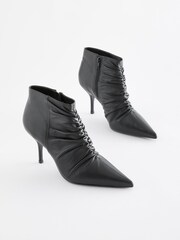 Black Signature Leather Point Toe Ruched Ankle Boots - Image 3 of 7
