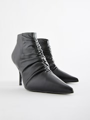 Black Signature Leather Point Toe Ruched Ankle Boots - Image 5 of 7