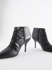 Black Signature Leather Point Toe Ruched Ankle Boots - Image 7 of 7