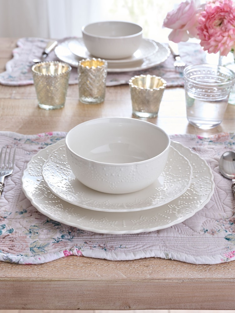 Shabby Chic by Rachel Ashwell® 12 Pack White Lace Embossed Fine China Dinner Set - Image 2 of 6