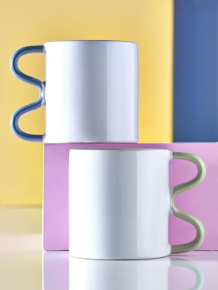 Novogratz 2 Pack White contrast Wiggle Handle Mugs with Slogan - Image 1 of 6 Novogratz 2 Pack White contrast Wiggle Handle Mugs with Slogan - Image 1 of 6