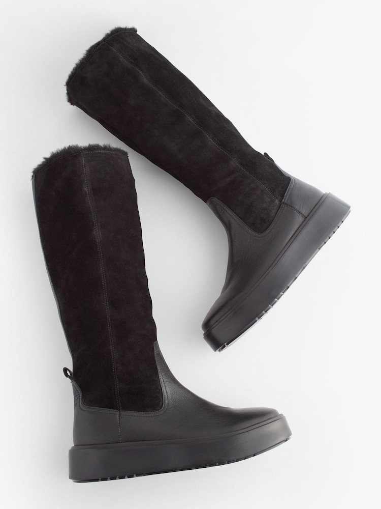 HOT Leather Boots Black Fur Lined Knee High Boots Knee High