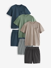 Green/Navy Blue/Bone Cream 100% Cotton Jersey Pyjamas Shorts Set 3 Pack - Image 1 of 14