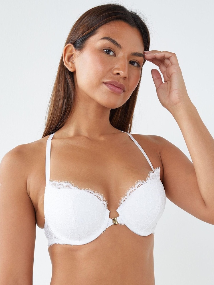 White Push Up Pad Plunge Triple Boost Front Fastening Lace Bra - Image 1 of 4