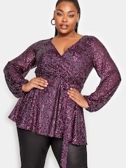 Yours Curve Pink London Sequin Long Sleeve Wrap Top - Image 1 of 4