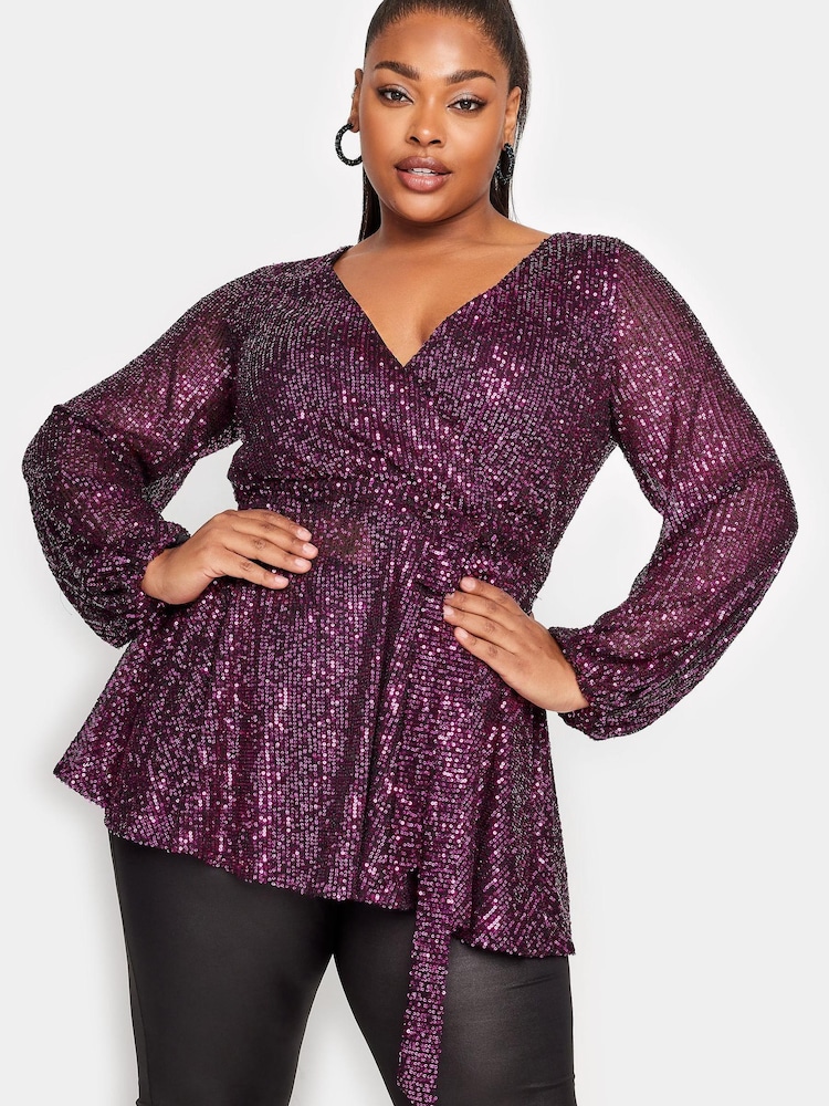 Yours Curve Pink London Sequin Long Sleeve Wrap Top - Image 1 of 4