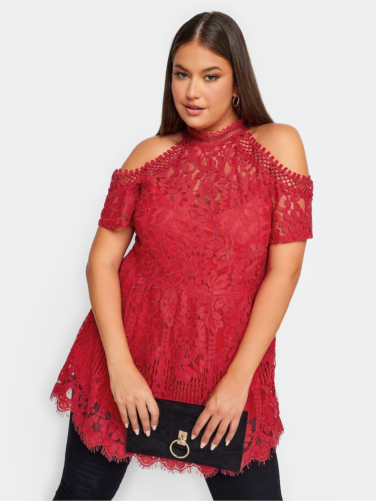 Yours Curve Red London Lace Cold Shoulder Top - Image 1 of 4
