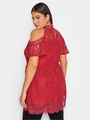 Yours Curve Red London Lace Cold Shoulder Top - Image 2 of 4