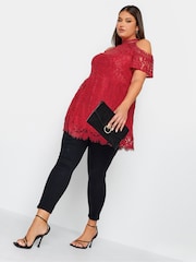 Yours Curve Red London Lace Cold Shoulder Top - Image 3 of 4