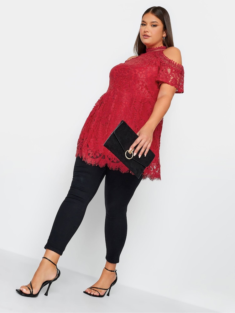 Yours Curve Red London Lace Cold Shoulder Top - Image 3 of 4