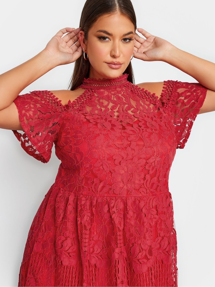 Yours Curve Red London Lace Cold Shoulder Top - Image 4 of 4