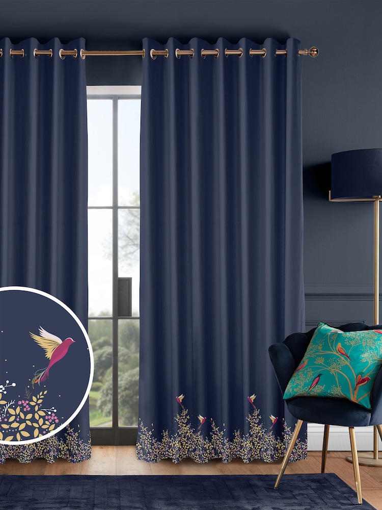 Sara Miller Navy 100% Cotton Hummingbird Border Made to Measure Curtains - Image 1 of 9