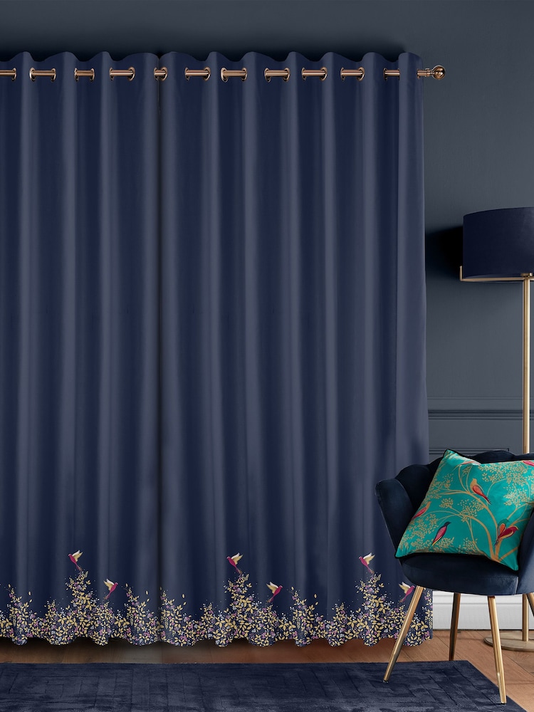 Sara Miller Navy 100% Cotton Hummingbird Border Made to Measure Curtains - Image 2 of 9