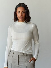 White Long Sleeve High Neck Semi-Sheer Top - Image 1 of 6
