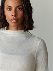 White Long Sleeve High Neck Semi-Sheer Top - Image 4 of 6