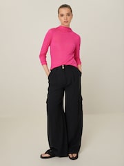 Bright Pink Long Sleeve High Neck Semi-Sheer Top - Image 1 of 5