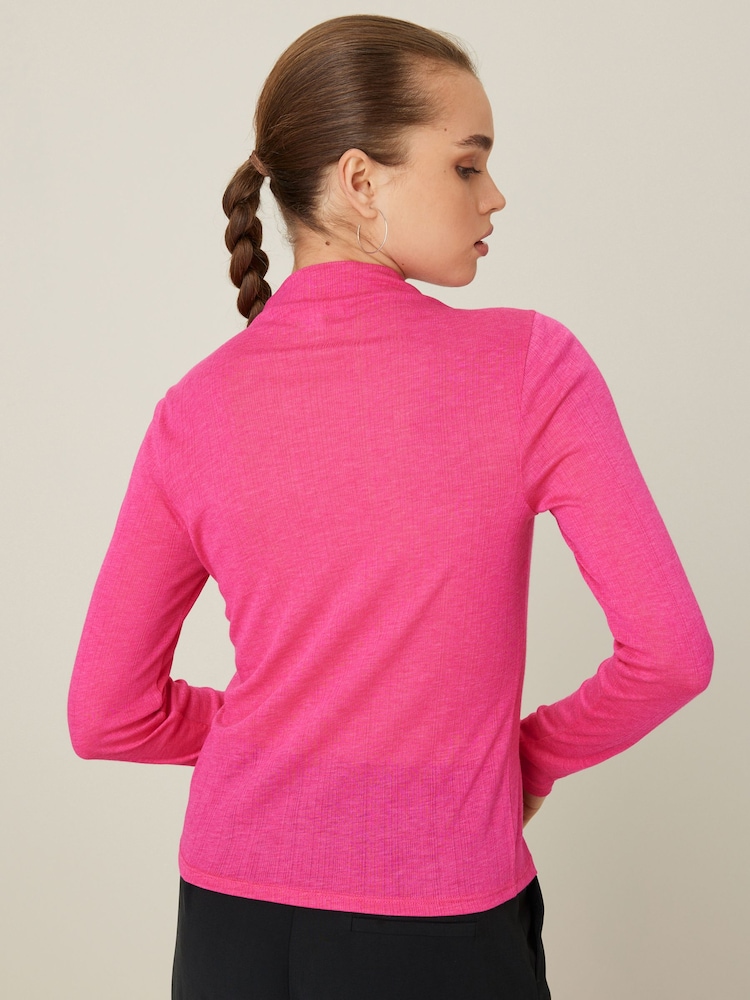 Bright Pink Long Sleeve High Neck Semi-Sheer Top - Image 2 of 5