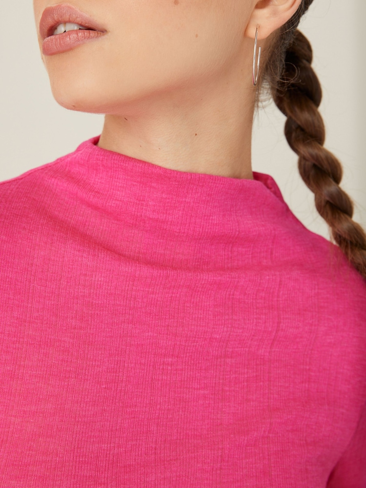 Bright Pink Long Sleeve High Neck Semi-Sheer Top - Image 3 of 5
