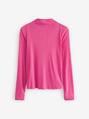 Bright Pink Long Sleeve High Neck Semi-Sheer Top - Image 4 of 5