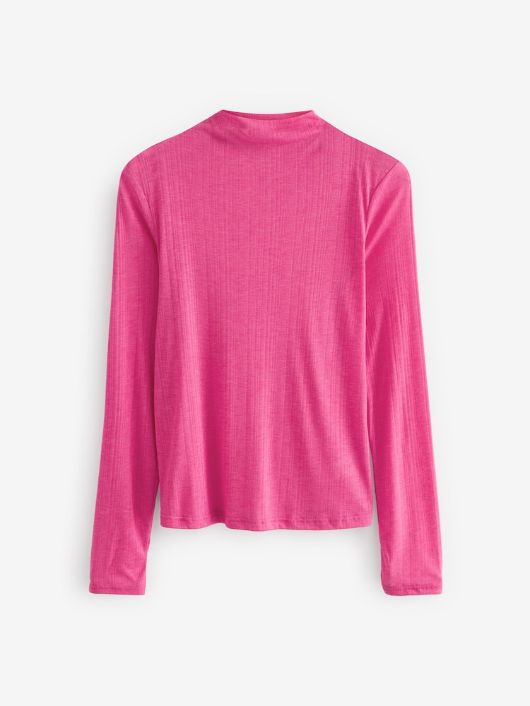 Bright Pink Long Sleeve High Neck Semi-Sheer Top - Image 4 of 5