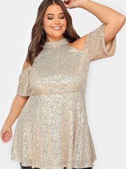 Yours Curve Gold London Sequin Choker Cold Shoulder Top - Image 1 of 5