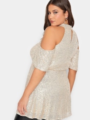 Yours Curve Gold London Sequin Choker Cold Shoulder Top - Image 2 of 5