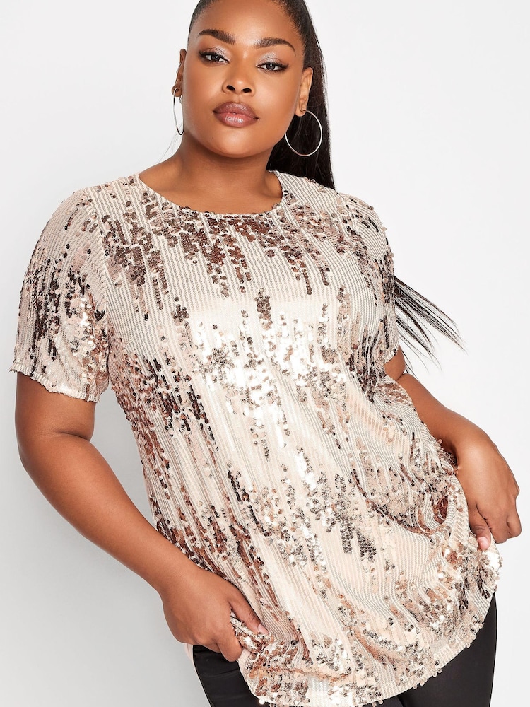 Yours Curve Gold London Sequin Abstract Ombre Front T-Shirt - Image 1 of 4