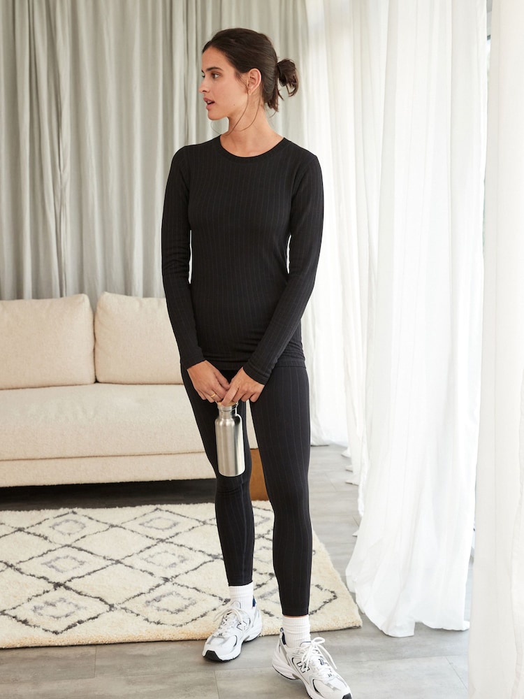 Black Rib Fleece Thermal Long Sleeve Top - Image 2 of 7