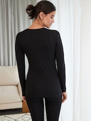 Black Rib Fleece Thermal Long Sleeve Top - Image 3 of 7
