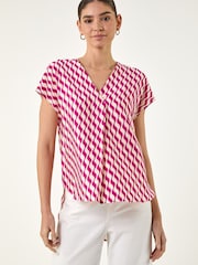 Roman Red Wave Stripe Print V-Neck Top - Image 1 of 4
