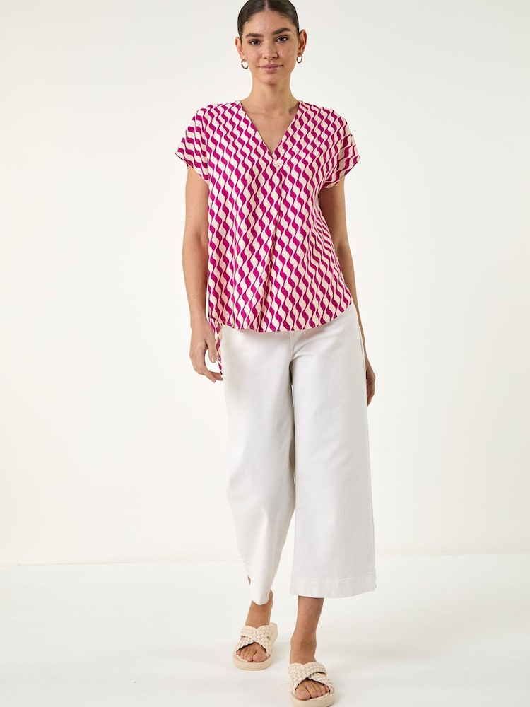 Roman Red Wave Stripe Print V-Neck Top - Image 2 of 4