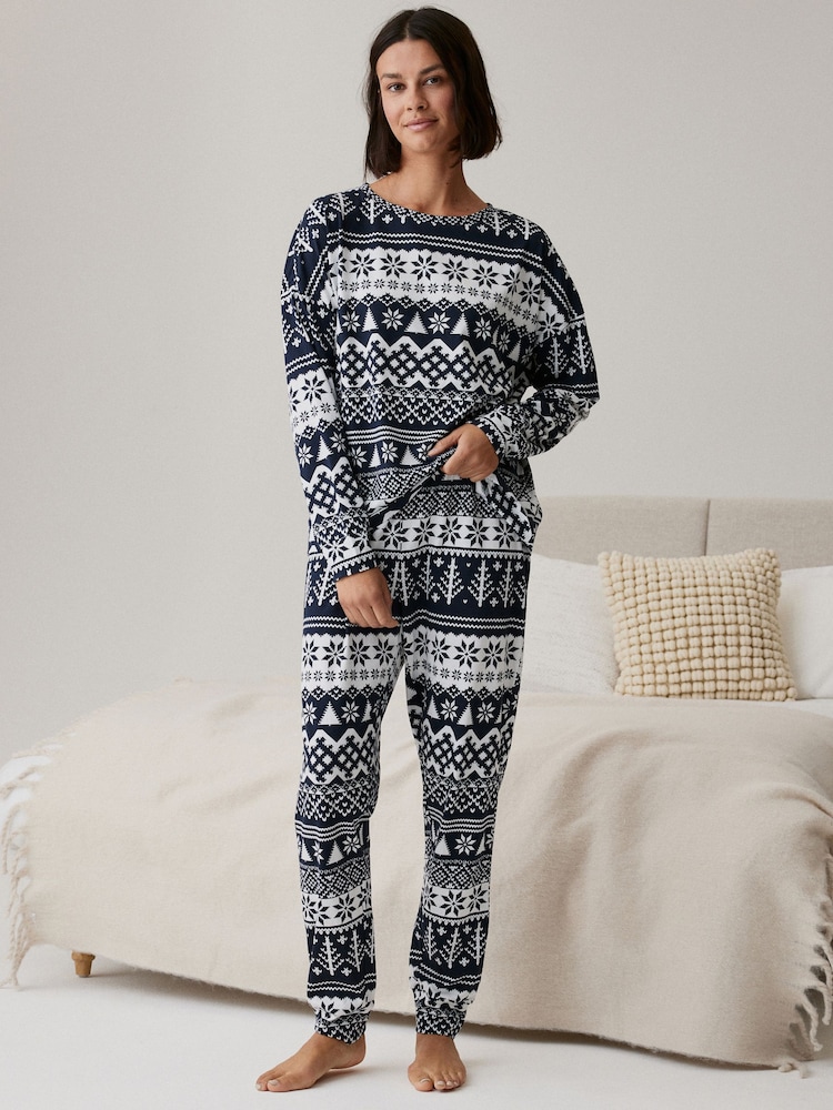 Navy Blue Fairisle Pattern Matching Family Womens Christmas Cotton Pyjamas - Image 1 of 8