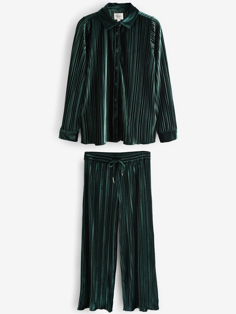 Dark Green Velvet Plissé Button Through Pyjamas - Image 7 of 10