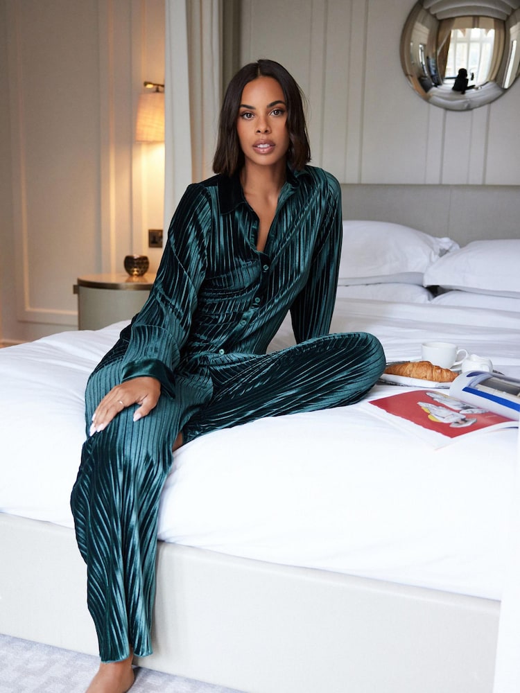 Dark Green Velvet Plissé Button Through Pyjamas - Image 2 of 10