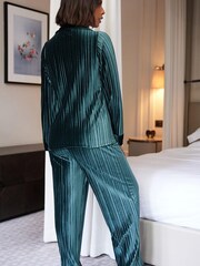 Dark Green Velvet Plissé Button Through Pyjamas - Image 3 of 10