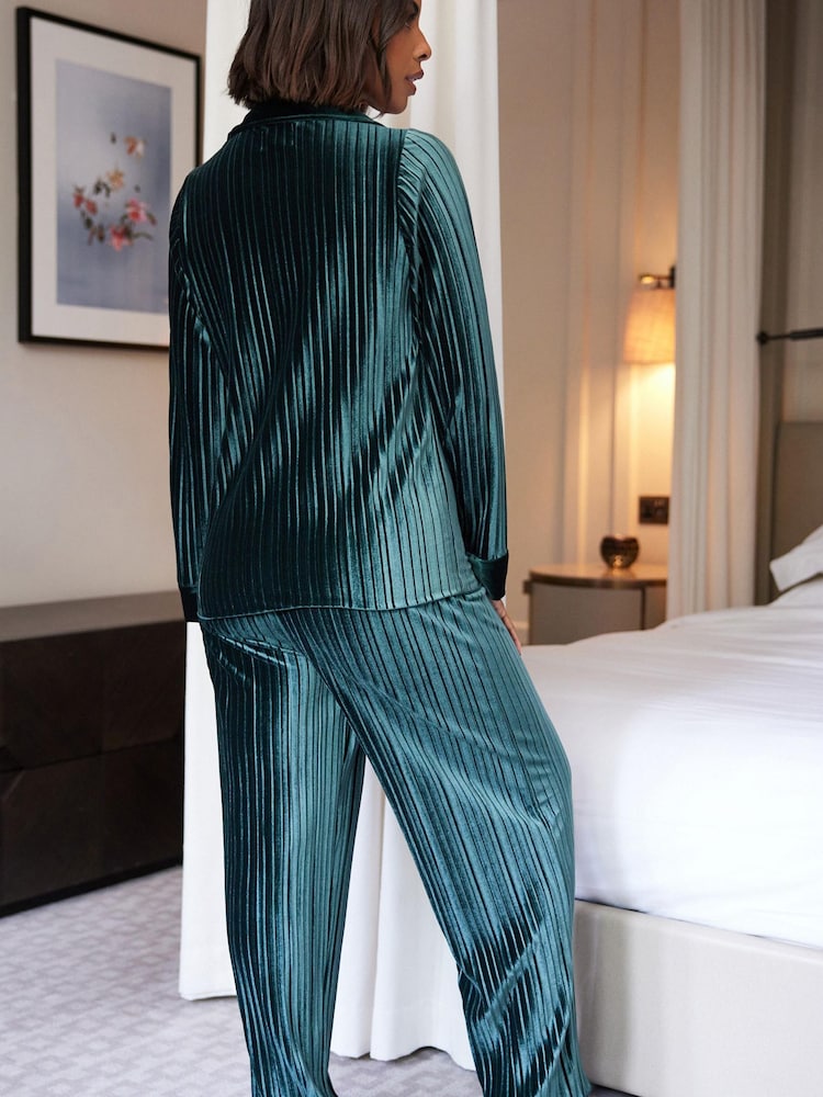 Dark Green Velvet Plissé Button Through Pyjamas - Image 3 of 10