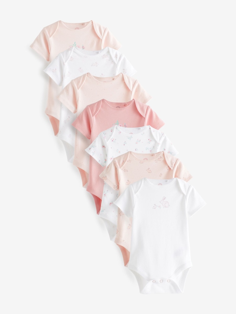 Pink/White Bunny 7 Pack Baby Short Sleeve Bodysuits - Image 1 of 6