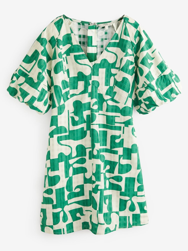 Green Geo Print Volume Sleeve V-Neck Mini Dress - Image 1 of 1