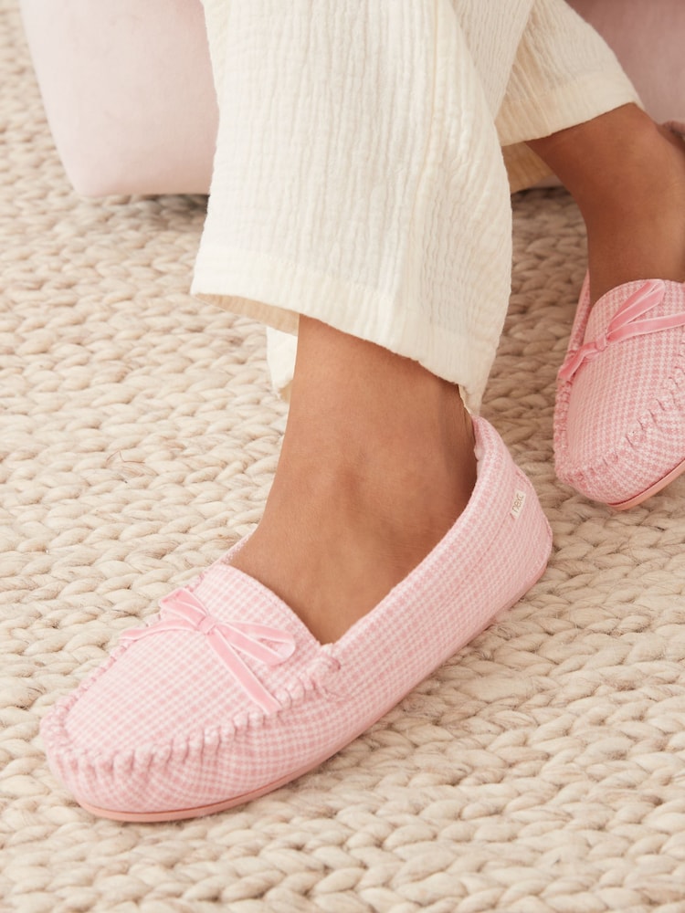 Pink Check Faux Fur Lined Moccasin Slippers - Image 2 of 8