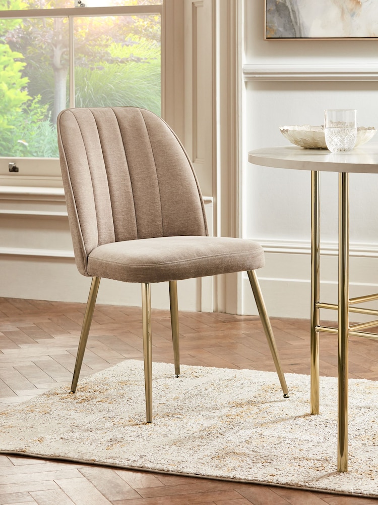 Set of 2 Fine Chenille Mink Brown Brushed Gold Leg Stella Non Arm Dining Chairs - Image 1 of 8
