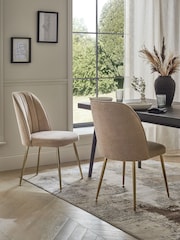 Set of 2 Fine Chenille Mink Brown Brushed Gold Leg Stella Non Arm Dining Chairs - Image 2 of 8