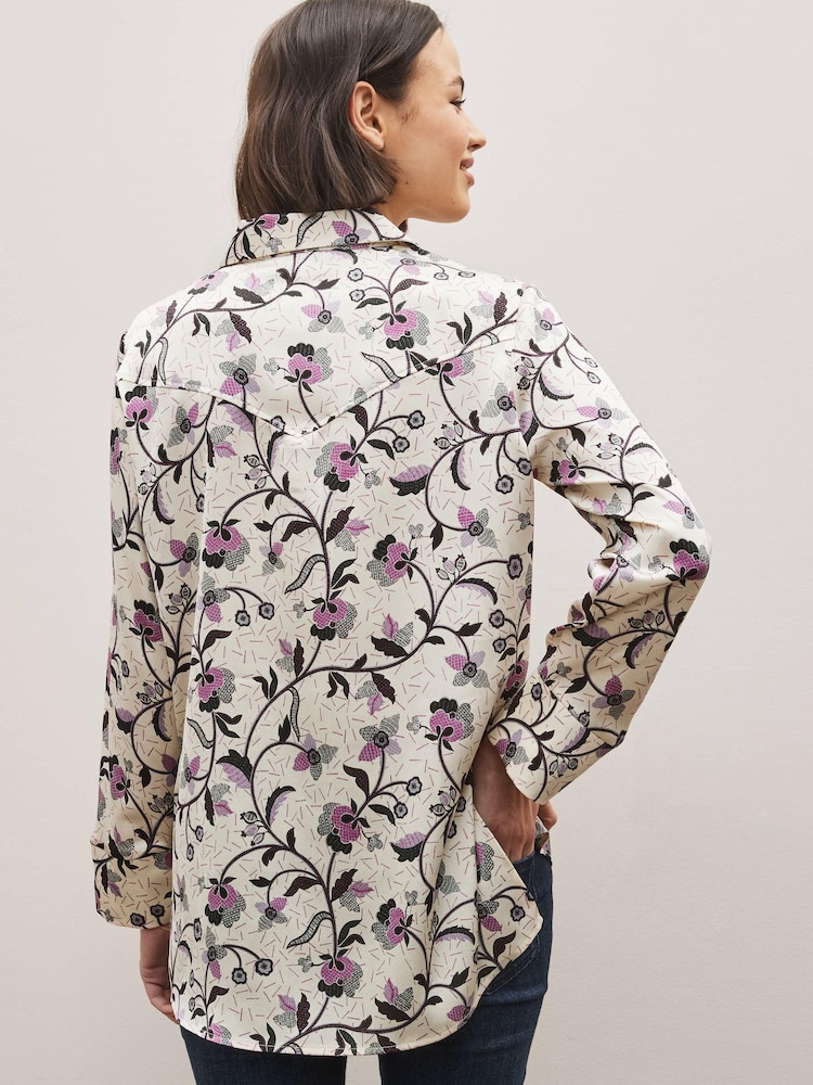 Ecru Cream Floral Western Style Long Sleeve Shirt - Image 2 of 4