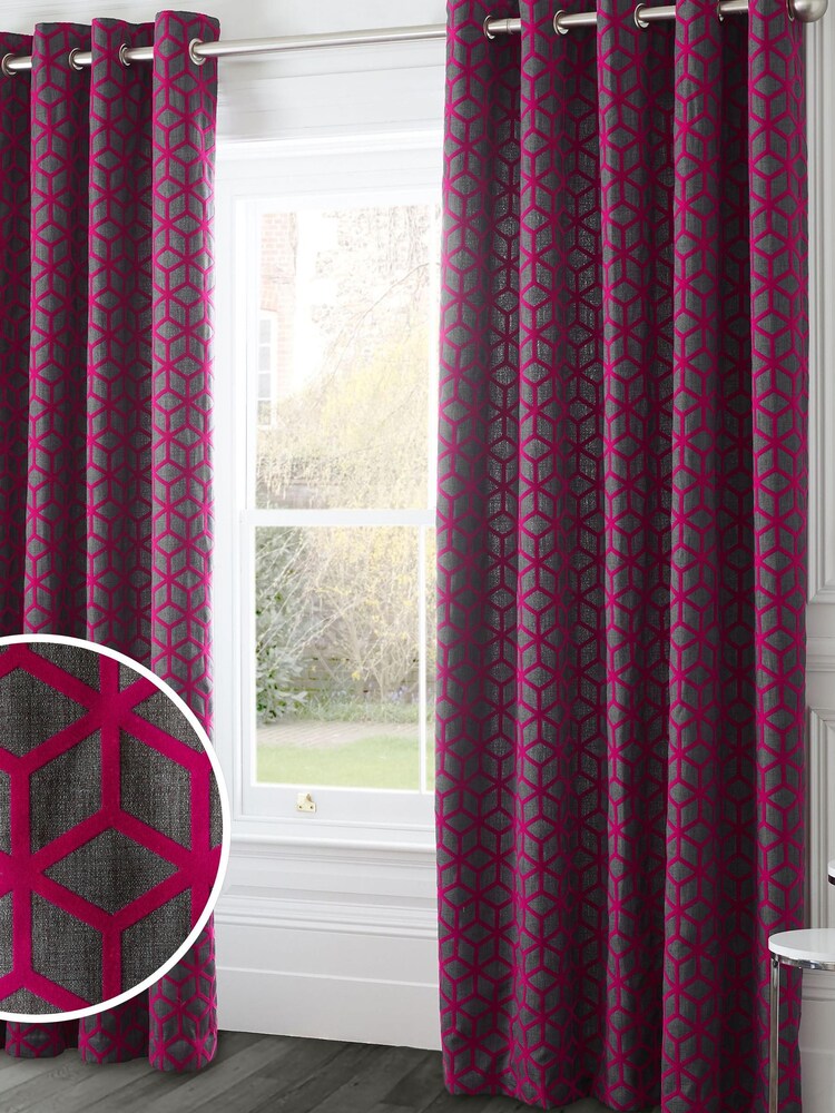 Fushsia Pink Flocked Geometric Eyelet Lined Curtains - Image 1 of 4