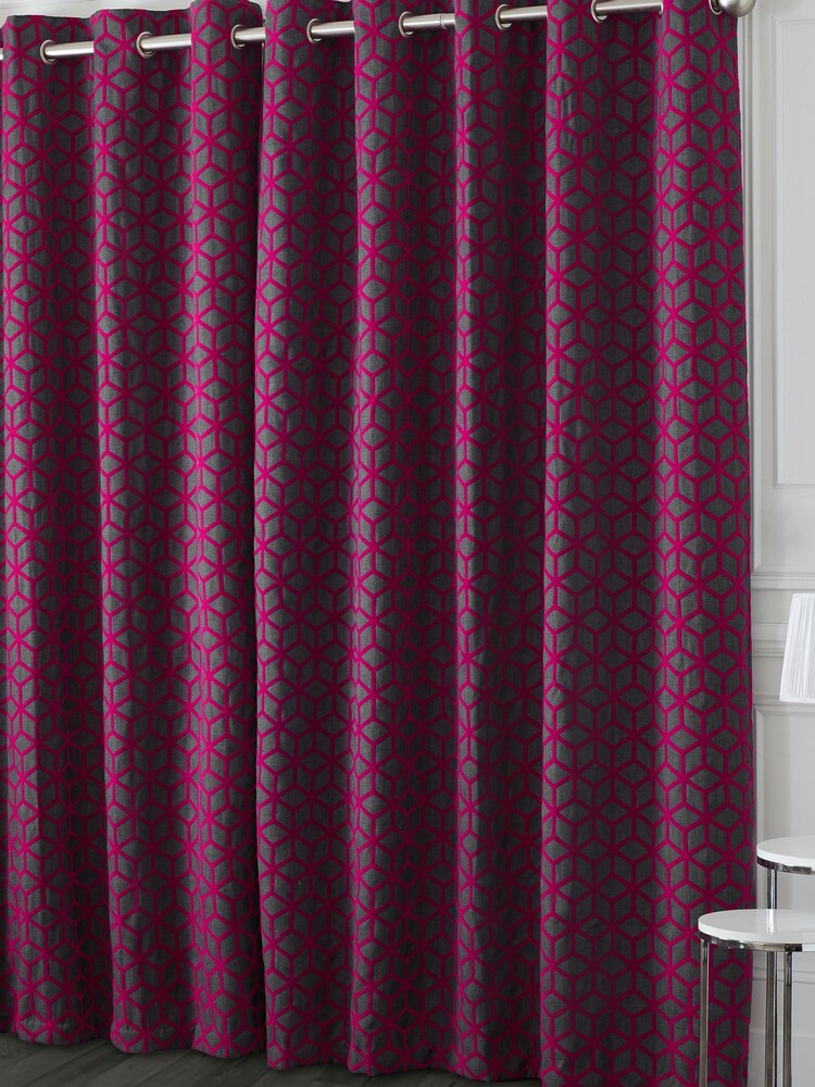 Fushsia Pink Flocked Geometric Eyelet Lined Curtains - Image 2 of 4