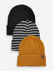Black/Grey/Ochre Yellow 3 Pack Knitted Rib Beanies (1-16yrs) - Image 1 of 4