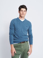 Aubin Blue Merino Cashmere Blend Sunningdale V-Neck Jumper - Image 1 of 4