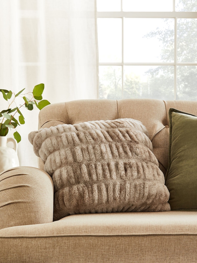 Cream Faux Fur Ruched Cushion - Image 1 of 1