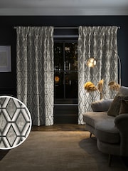 Grey Next Collection Luxe Heavyweight Geometric Cut Velvet Pencil Pleat Lined Curtains - Image 1 of 5