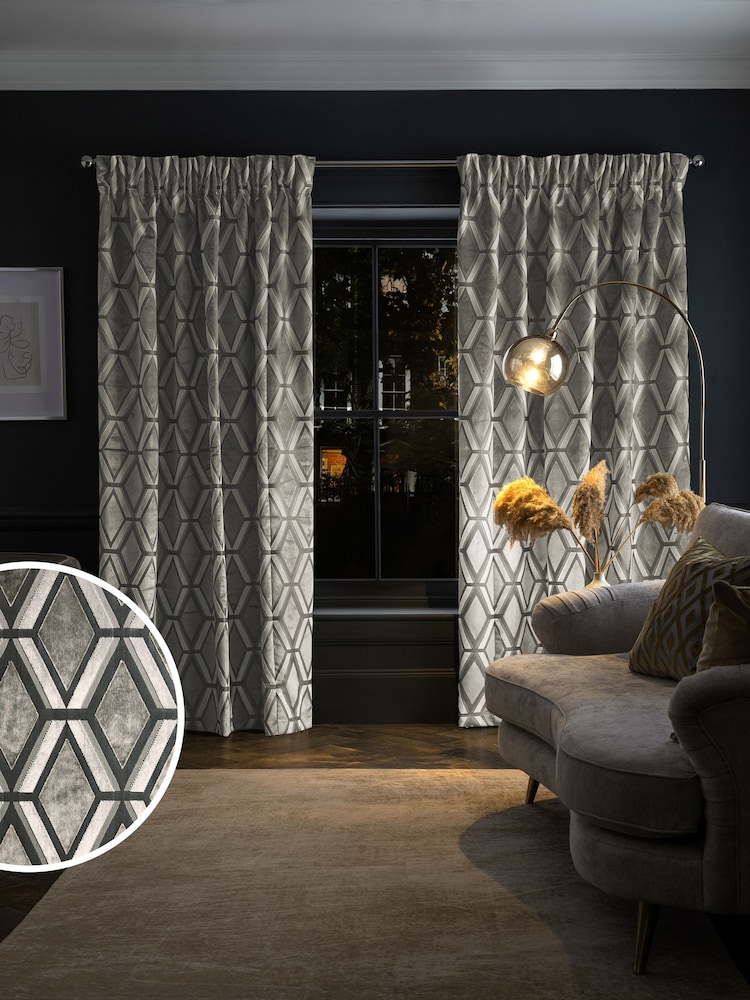Grey Next Collection Luxe Heavyweight Geometric Cut Velvet Pencil Pleat Lined Curtains - Image 1 of 5